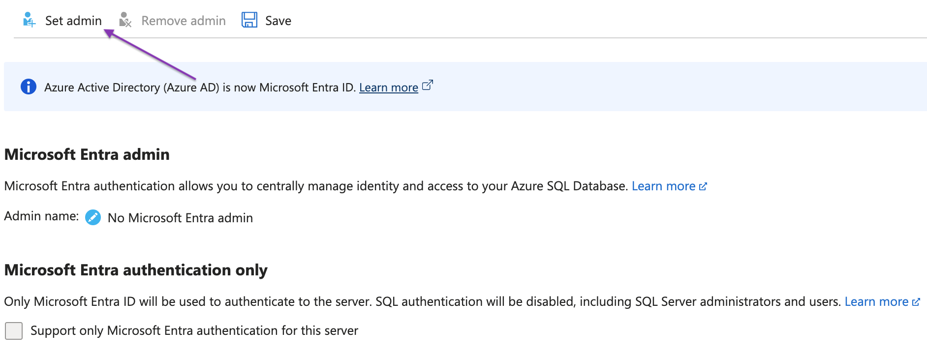 Azure SQL Server Microsoft Entra ID admin page
